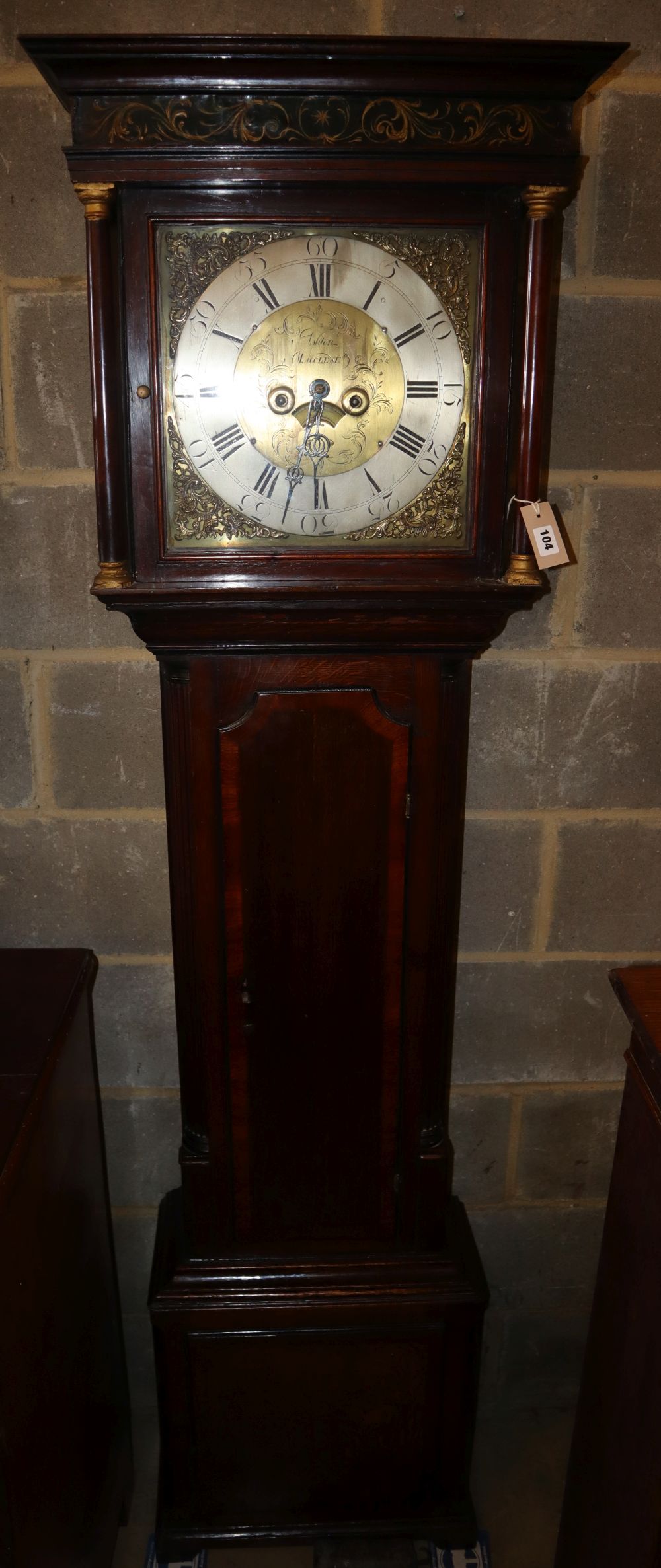 A George III banded oak eight-day longcase clock by Samuel Ashton, Maccleased [Macclesfield], weights and pendulum present, H.201cm